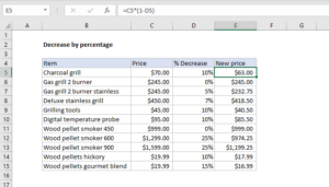 Percentage decrease formula in Excel